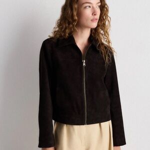 Quince Italian Suede Zip Front Cropped Jacket in Charcoal Black Size Medium